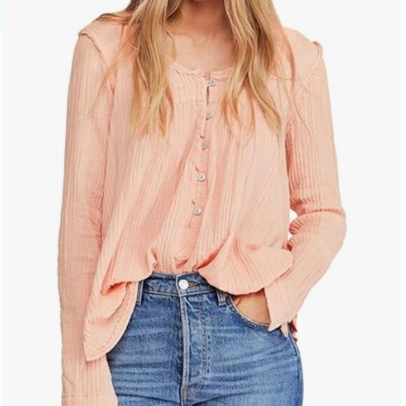 We The Free Tops - We The Free Soft Orange "Sand Dune" Cotton Long-Sleeve Henley Tunic
